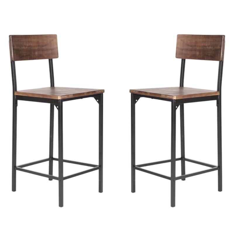 HomeRoots Set of Two 25" Brown and Black Solid Wood and Metal Counter Height Bar Chairs