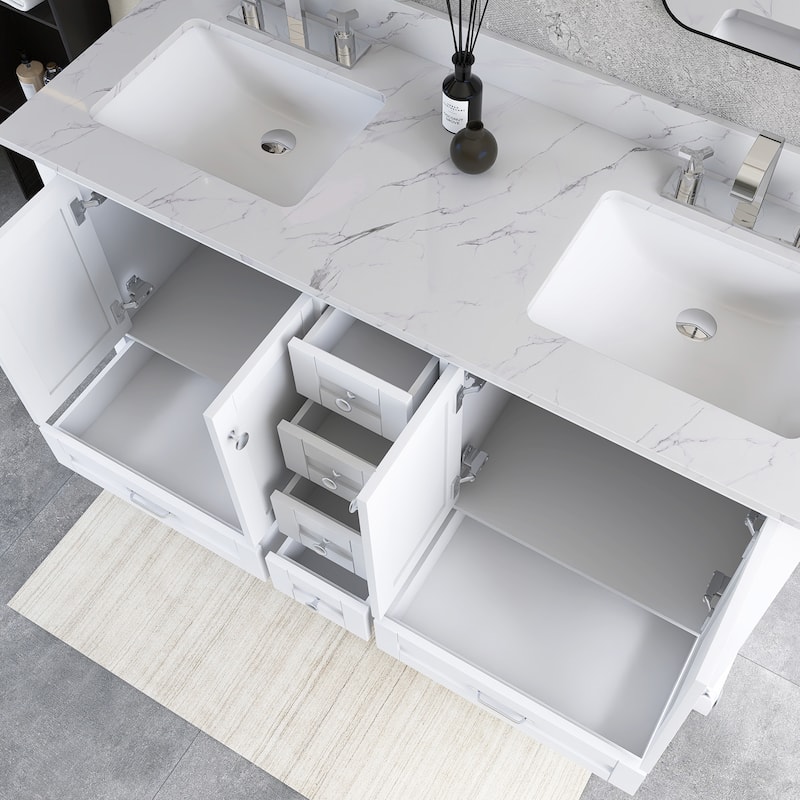 60 inch Plywood Double Sink Freestanding Bath Vanity with White Marble Top - 60" x 22"