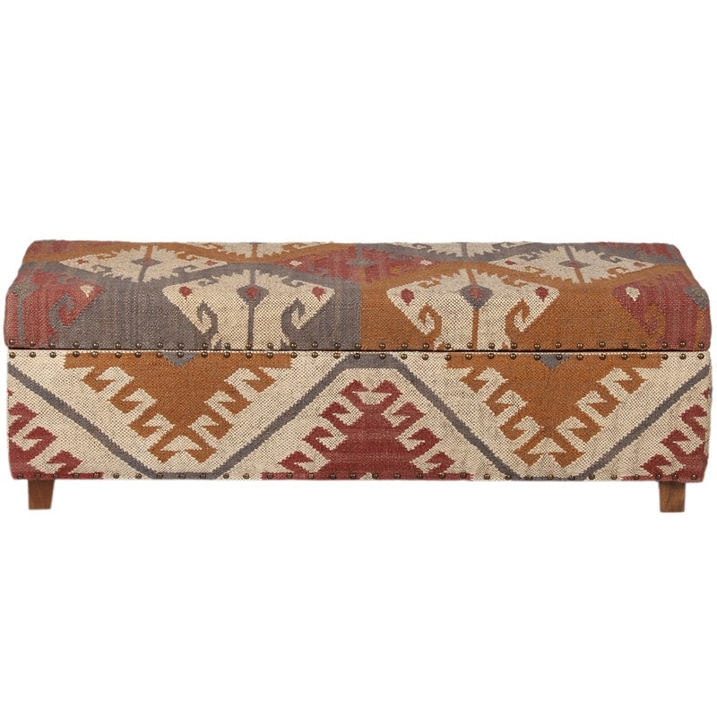 HERAT ORIENTAL Handmade Kilim Upholstered Wooden Storage Bench - 48"x16"x16" - Grey