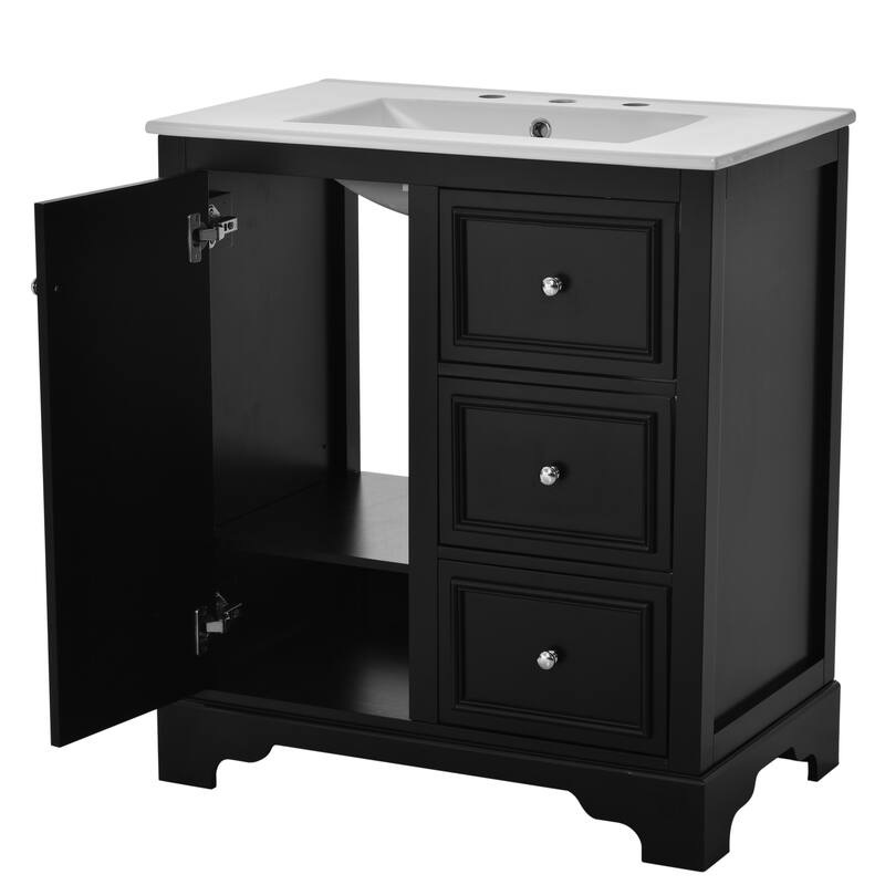 Ceramic Sink Bathroom Vanity & Mirror Cabinet Set of 2, 30" Bathroom Vanity Storage Cabinet with Adjustable Shelves, Black