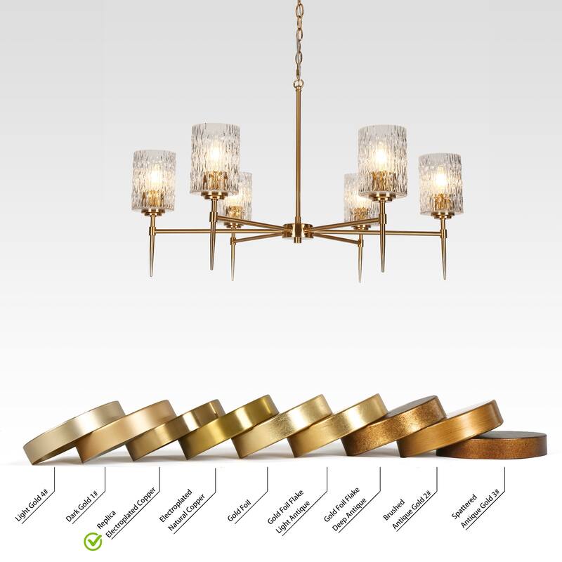 Laxow Modern Gold 6-Light Wheel Chandelier Textured Glass Lights for Dining Living Room - 33.5"Dx20.5“H