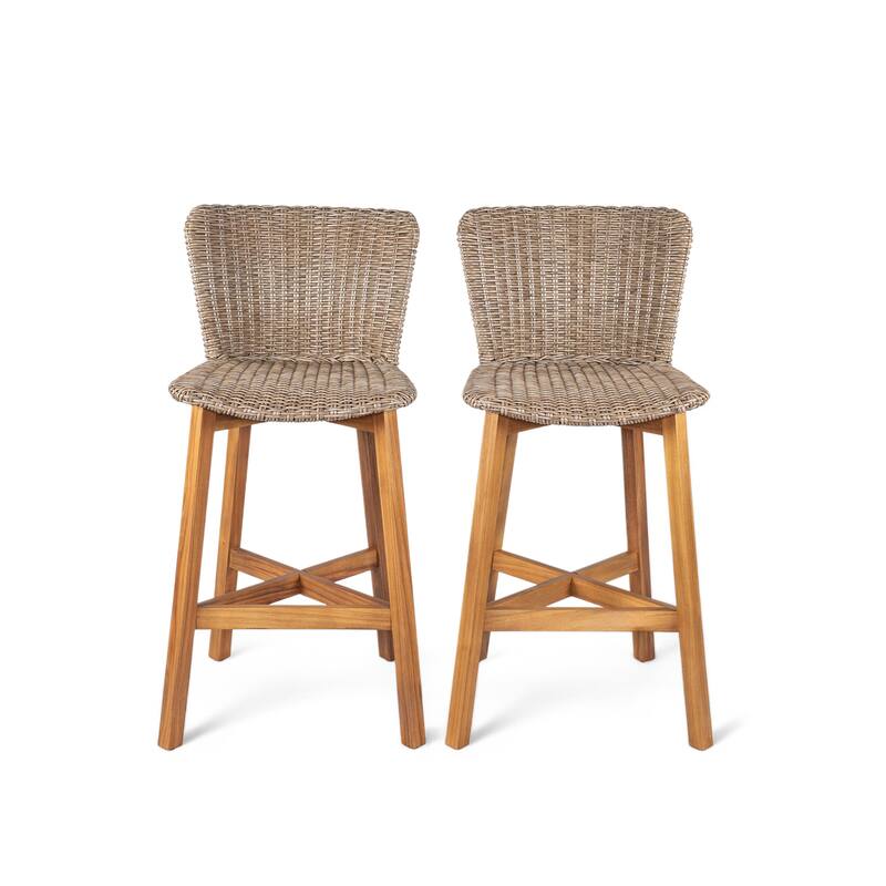 Roomfitters Lymington Outdoor Acacia Wood Barstools with Wicker Seat, Teak Finish and Light Brown Set of 2 - Brown