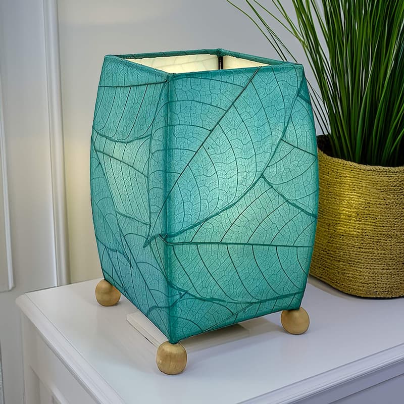 Handmade Mini Square Cocoa Leaf Table Lamp, Cocoa Leaves Shade, 6 x 6 x 9 in. - Sea Blue