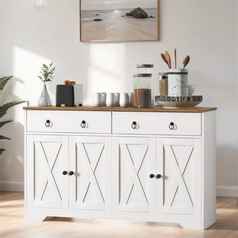 Sideboard, Buffet Cabinet w/ 2 Drawers, 2 Cabinets, 4 Barn-Style Doors - White
