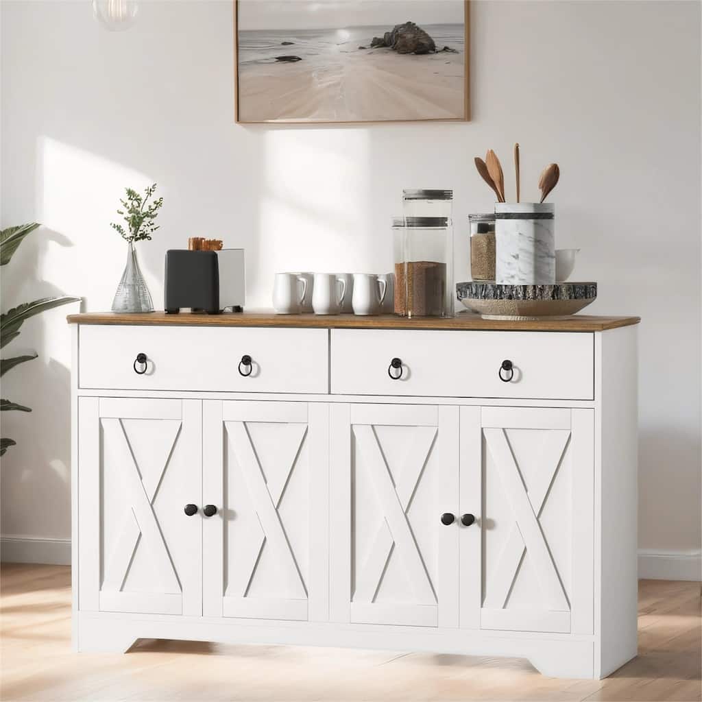 Sideboard, Buffet Cabinet w/ 2 Drawers, 2 Cabinets, 4 Barn-Style Doors
