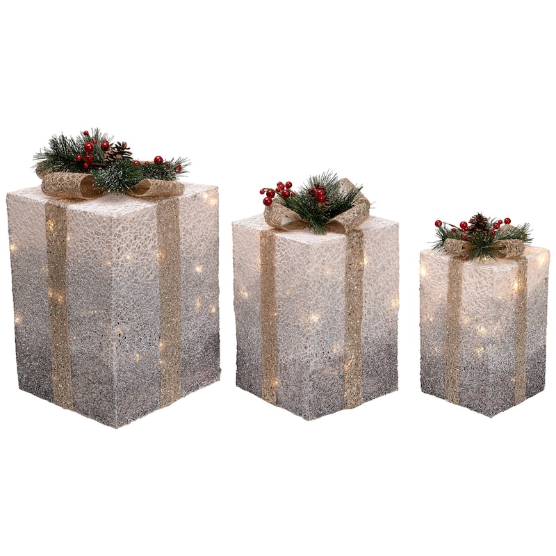Set of 3 Silver Mesh Glittered Gift Boxes Outdoor Decorations - 14"