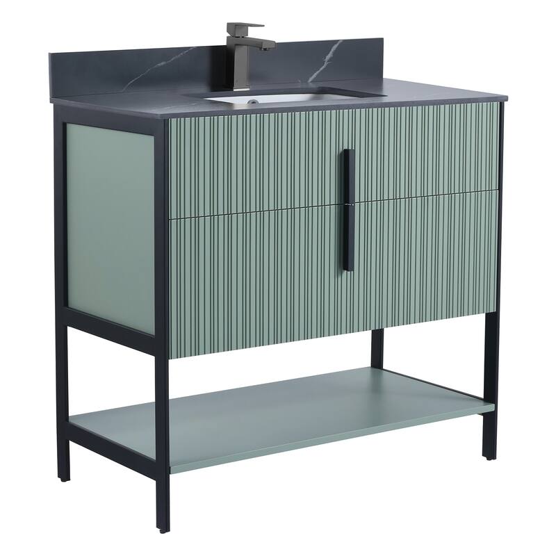 Fine Fixtures Serenity Modern Bathroom Vanity with Black Sintered Stone Top - Mint Green - Black Hardware - 36 inch