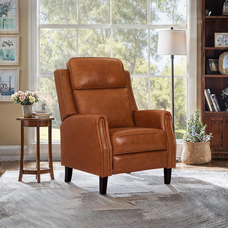 Genuine Leather Recliner Push Back Recliner Chair 3 Adjustable Armchair with Wooden Legs for Living Room, Bedroom - Camel/Single