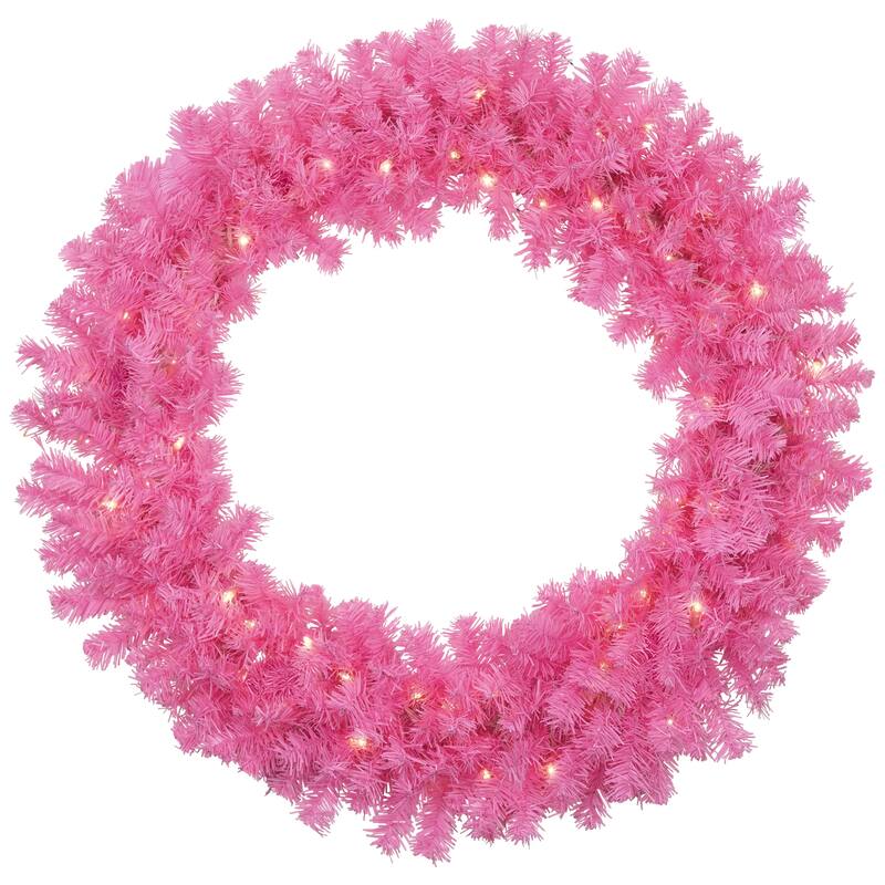 Pre-Lit Artificial Pine Christmas Wreath - 36" - Pink - Clear Lights