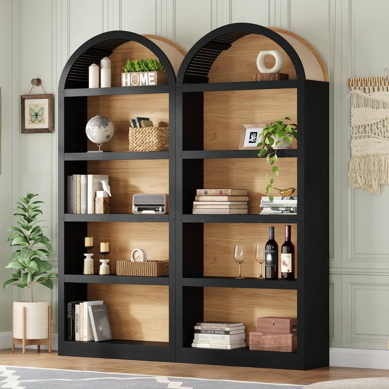 Set of 2 Farmhouse Tall Bookshelves with Arched Top, 5-Tier Open Storage Display Cabinet for Living Room - Black