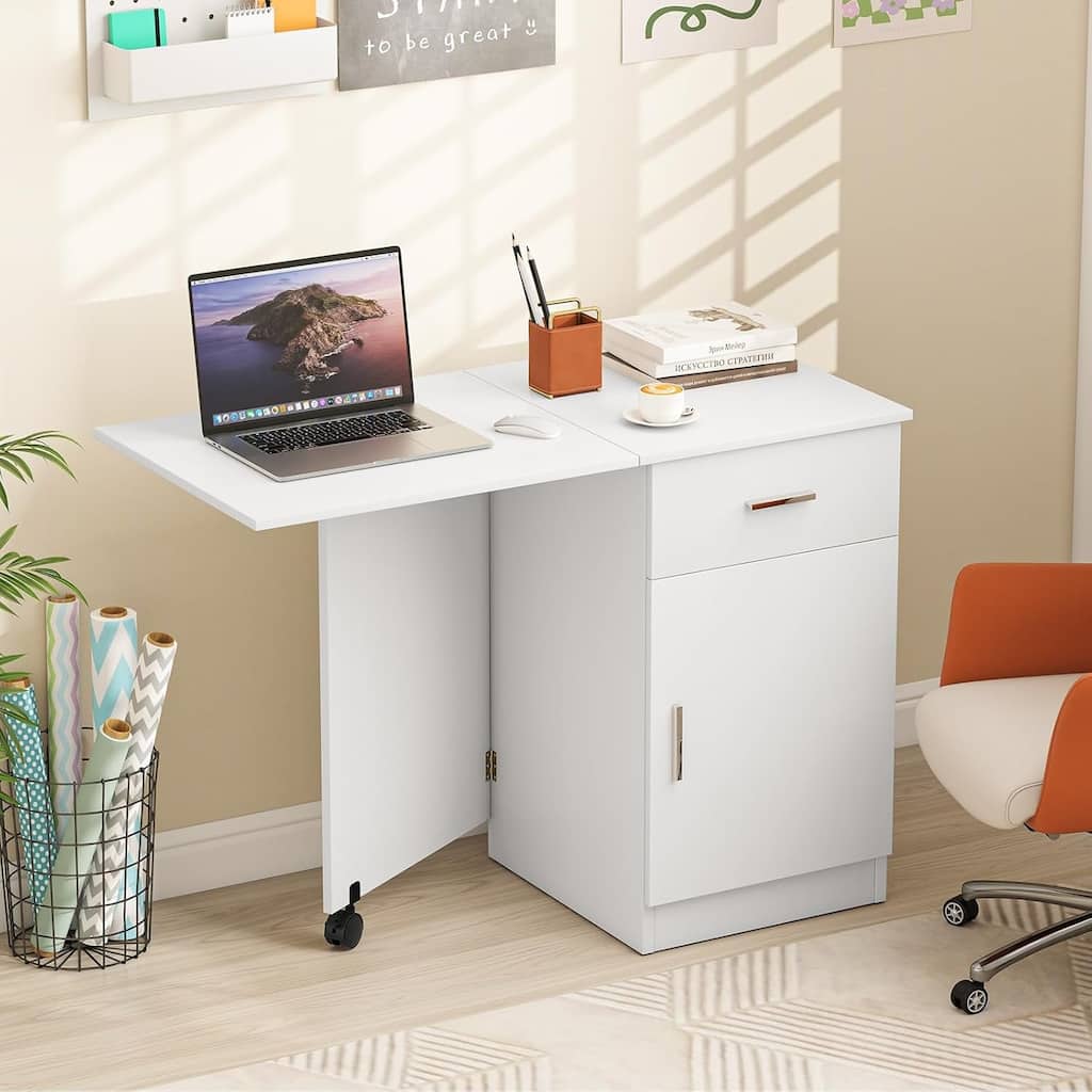Compact Home Office Desk Folding Computer Desk w/ Storage Drawer