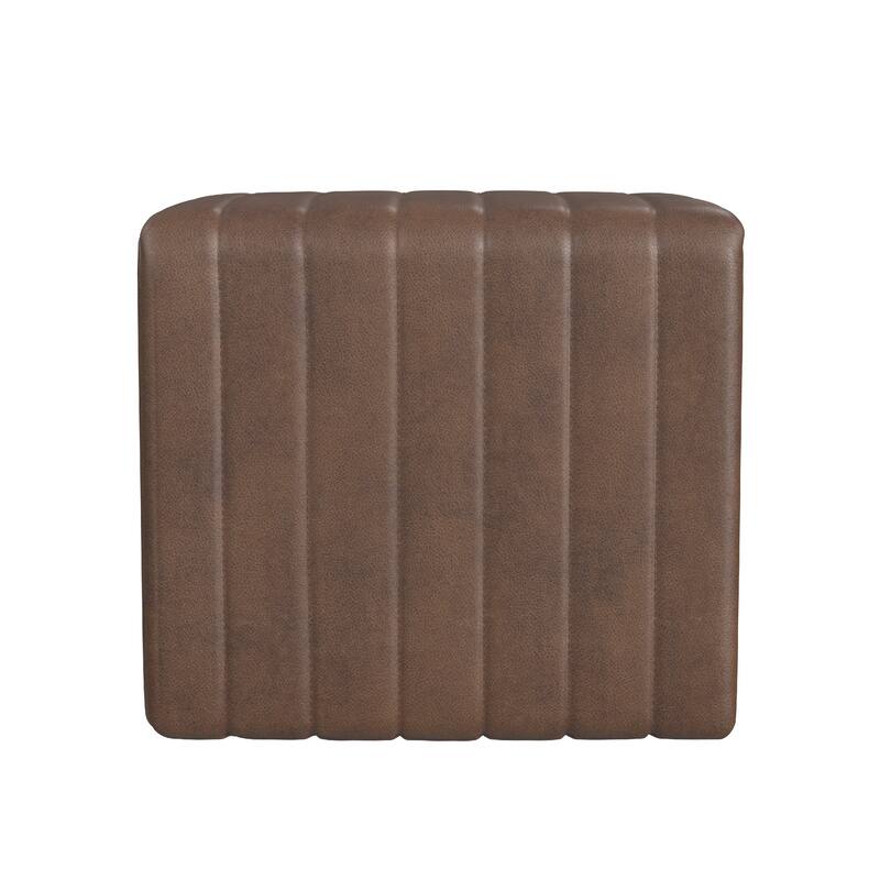 Ada Footstool Ottoman, Channel Tufted Brown Faux Leather, 19 Inch