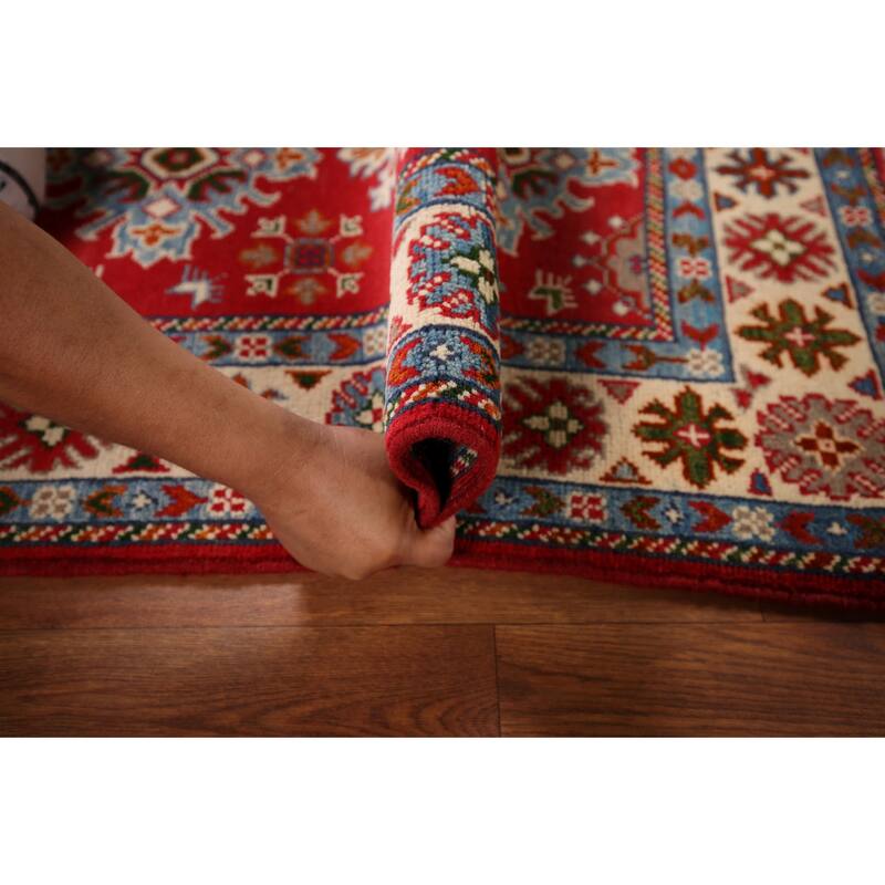 Geometric Kazak Foyer Rug Hand-Knotted Red Wool Carpet - 2'8" x 3'11"