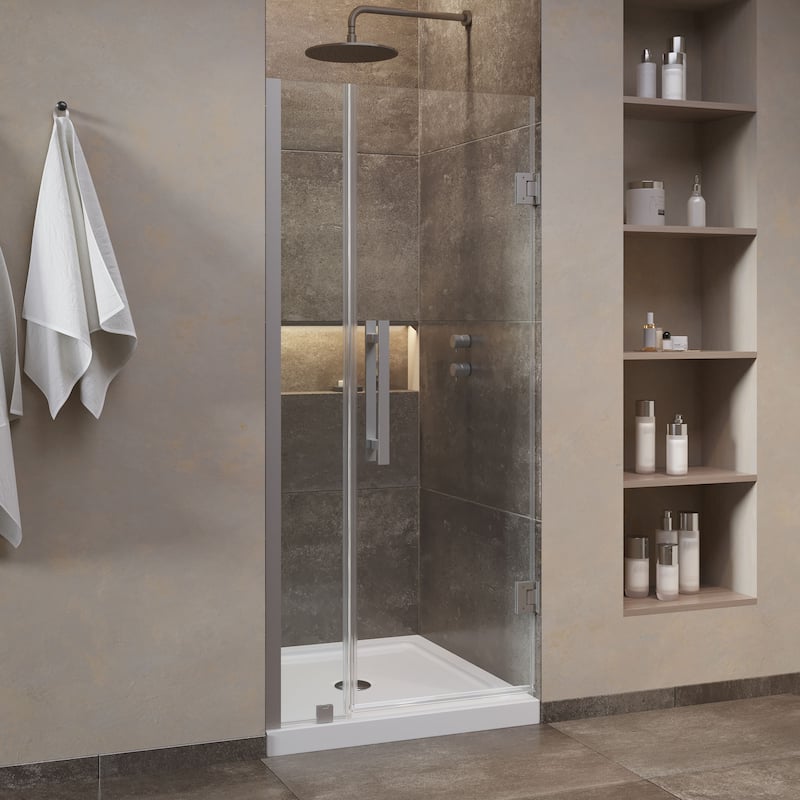 OVE Panama Alcove Frameless Pivot Hinge Shower Door Kit with Base Pan, 2025 - 36"x36" - Satin Nickel
