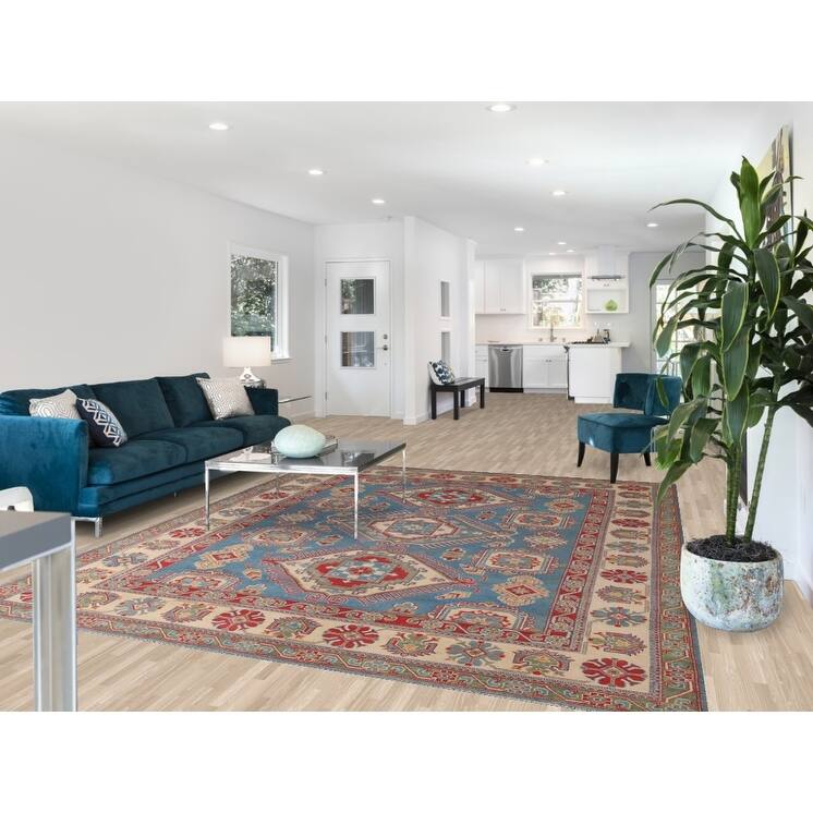 Blue Geometric Kazak Area Rug Handmade Wool Carpet - 8'0" x 9'10"