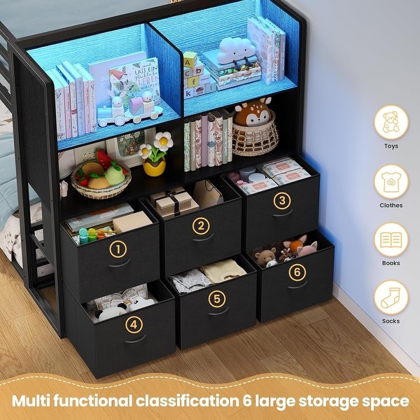 dimension image slide 0 of 10, Twin Size Low Loft Bed 6 Fabric Storage Drawers LED Lights Twin Over Twin Bunk Bed