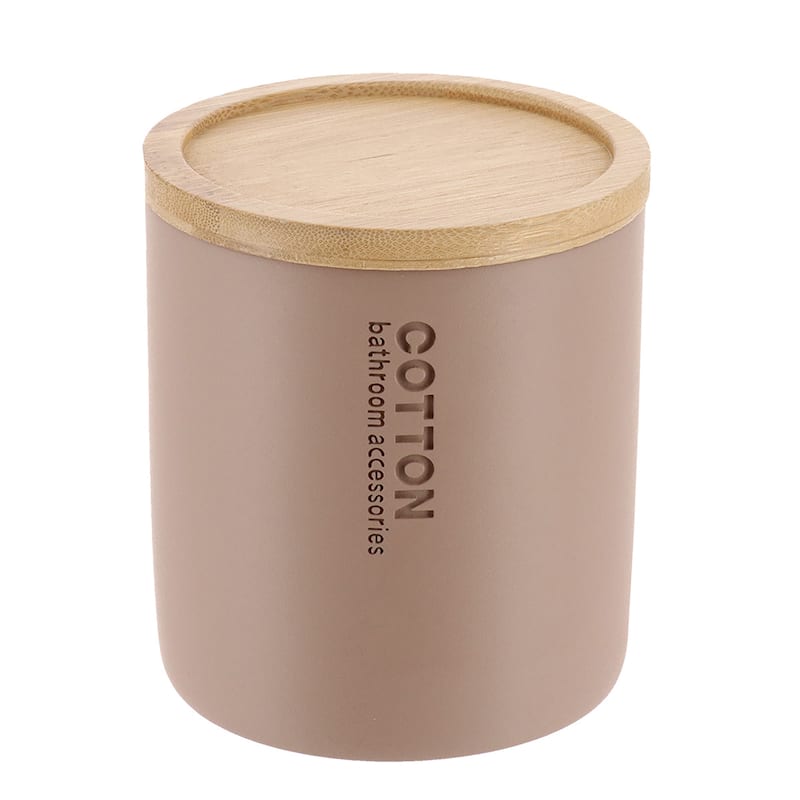 Sleek Cotton Pad Holder - Polyresin Bathroom Storage Container with Bamboo Lid - 4 L x 4 W x 4.6H - Cappuccino
