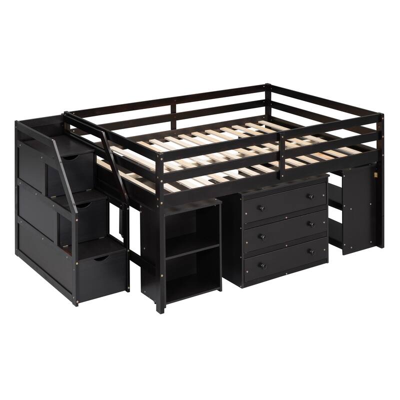 Space-Saving Full Loft Bed with Desk, Storage Stairs