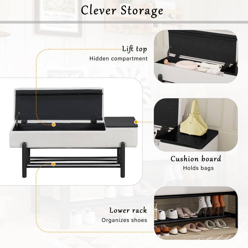 Roomfitters Modern Entryway Bench, Upholstered Storage Seat, Shoe Organizer Shelf, Hallway Furniture