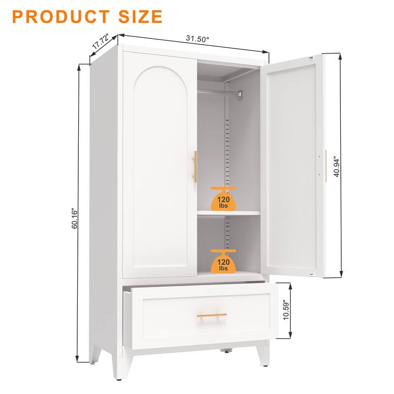 60" Metal Wardrobe Cabinet with Drawer and Hanging Rod, Steel Storage Closet with Adjustable Shelf for Bedroom & Office