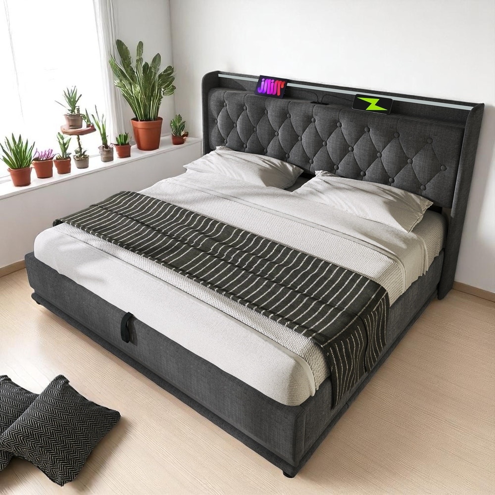 Upholstered Storage Bed with 360掳 LED, App/Remote Control, USB Charging, Twin/Full/Queen/King, Gray Linen