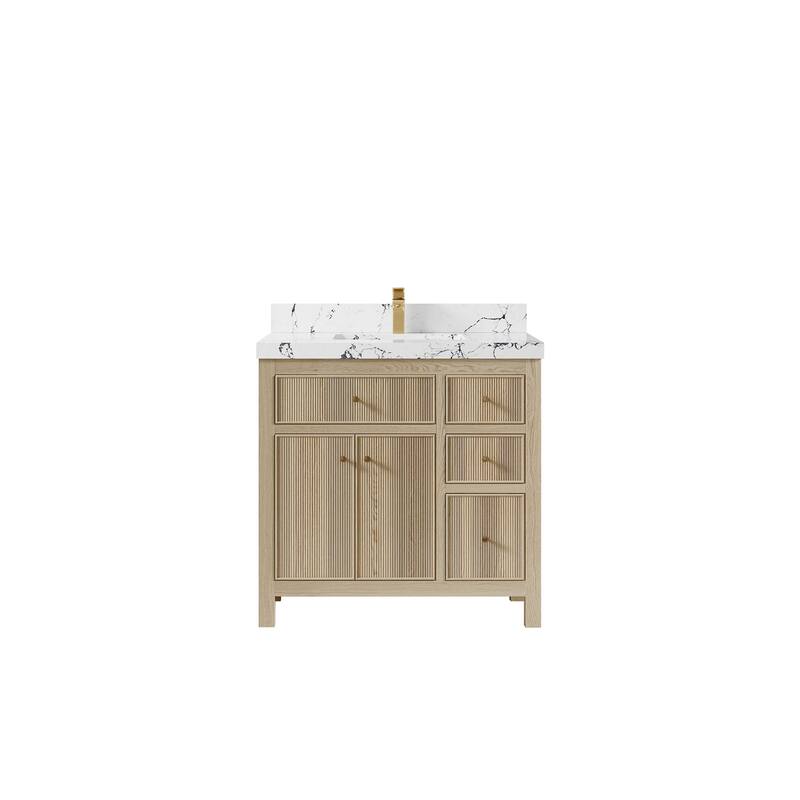 Willow Collections 36 x 22 Sonoma Oak Wood Center Sink Left Bathroom Vanity with Quartz or Marble Countertop