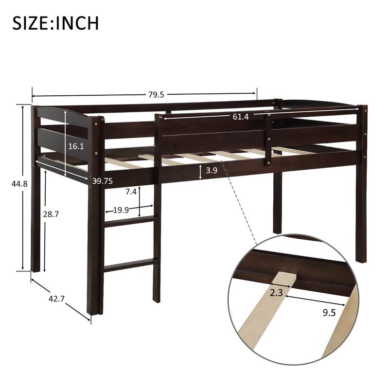 Twin Size Wood Loft Bed with Ladder, Low Height, Espresso Finish - Space Saving Design