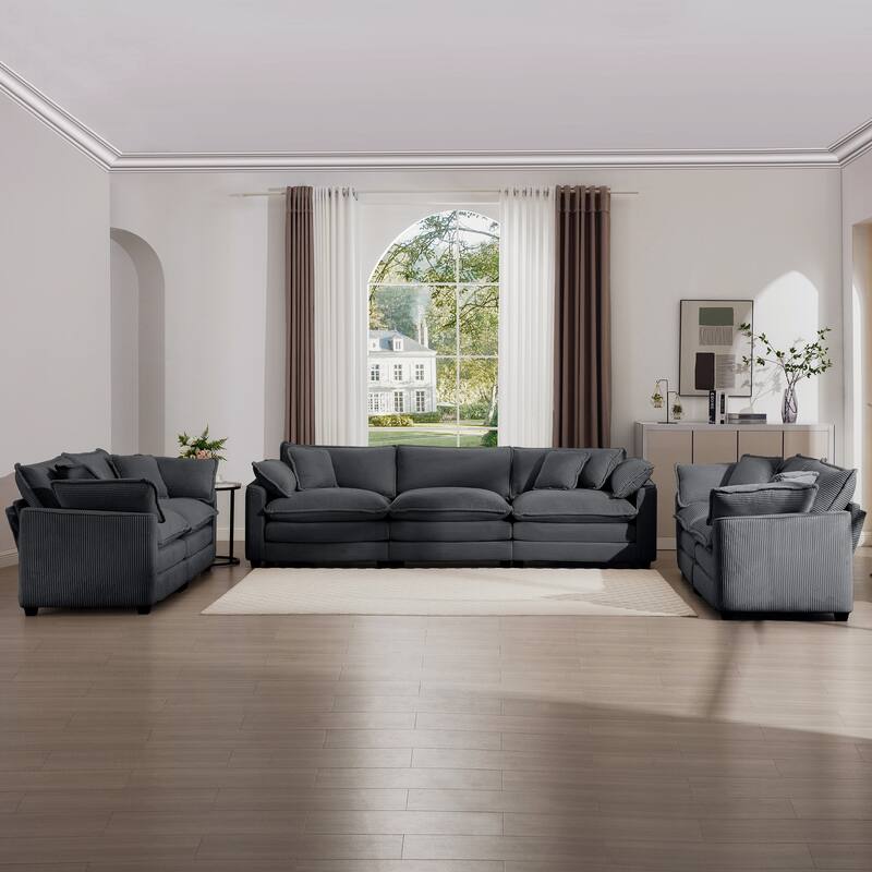 3+2+2 Seater Corduroy Fabric Flexible Combinations Sofa Set with Removable Armrests and Throw Pillows for Livingroom