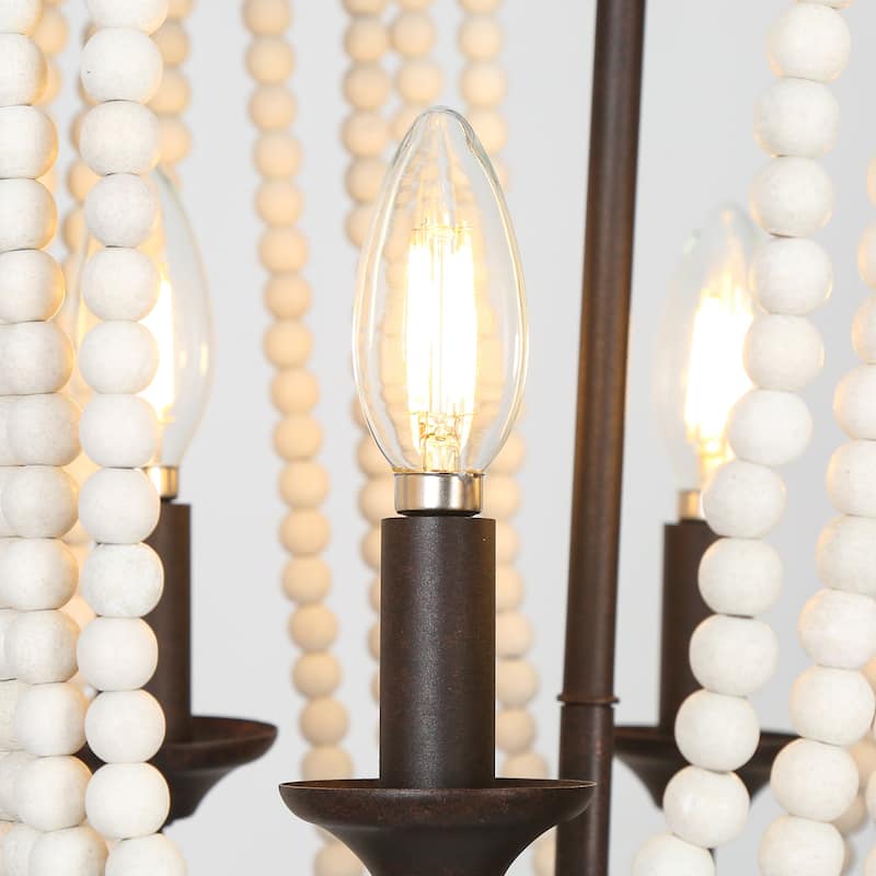 Renia Farmhouse 4-light Wood Beaded Chandelier Rustic Hemp Rope Basket Coastal Ceiling Lights