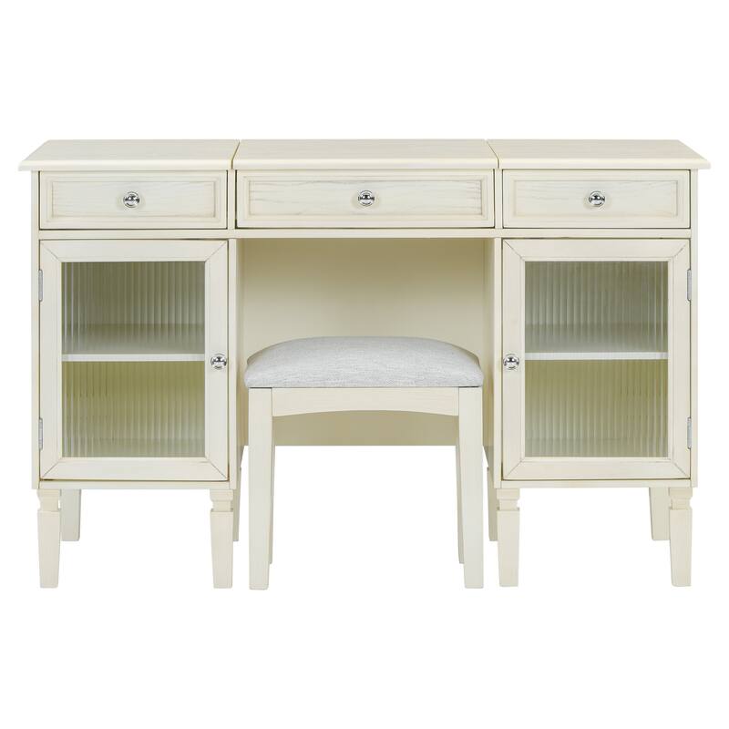 2-in-1 Makeup Vanity Writing Desk with Hidden Fold-Down Mirror & Cabinet, Computer Workstation Dressing Table Set with Stool