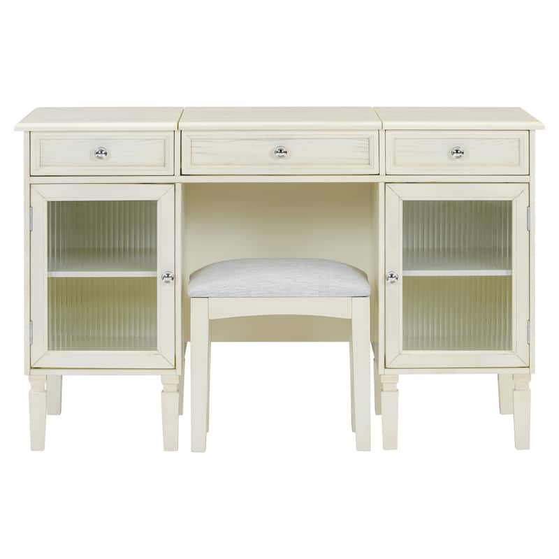 White Oak Vanity Desk with Hidden Mirror Storage Drawers Cabinets and Upholstered Stool - 46.5”L x 20.2”W x 29.7”H