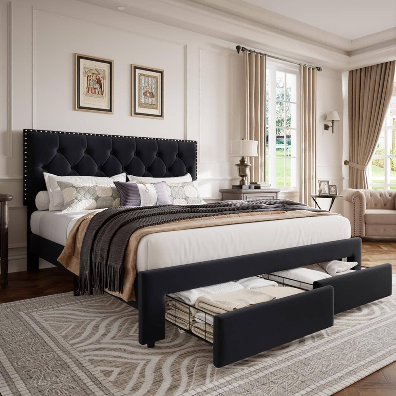 Queen Vintage Velvet Bed 2 Storage Drawers Black