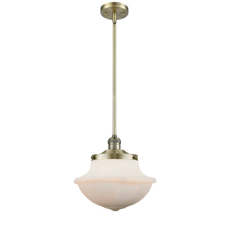 Innovations Lighting Franklin Restoration Oxford - 1 Light 12" Stem Hung Mini Pendant - Antique Brass/Matte White