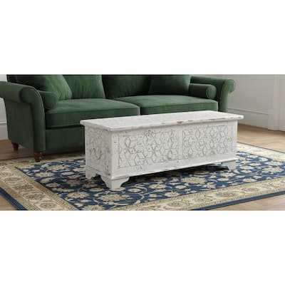 HomeRoots 52" White Rustic Solid Wood Geometric Storage Ottoman