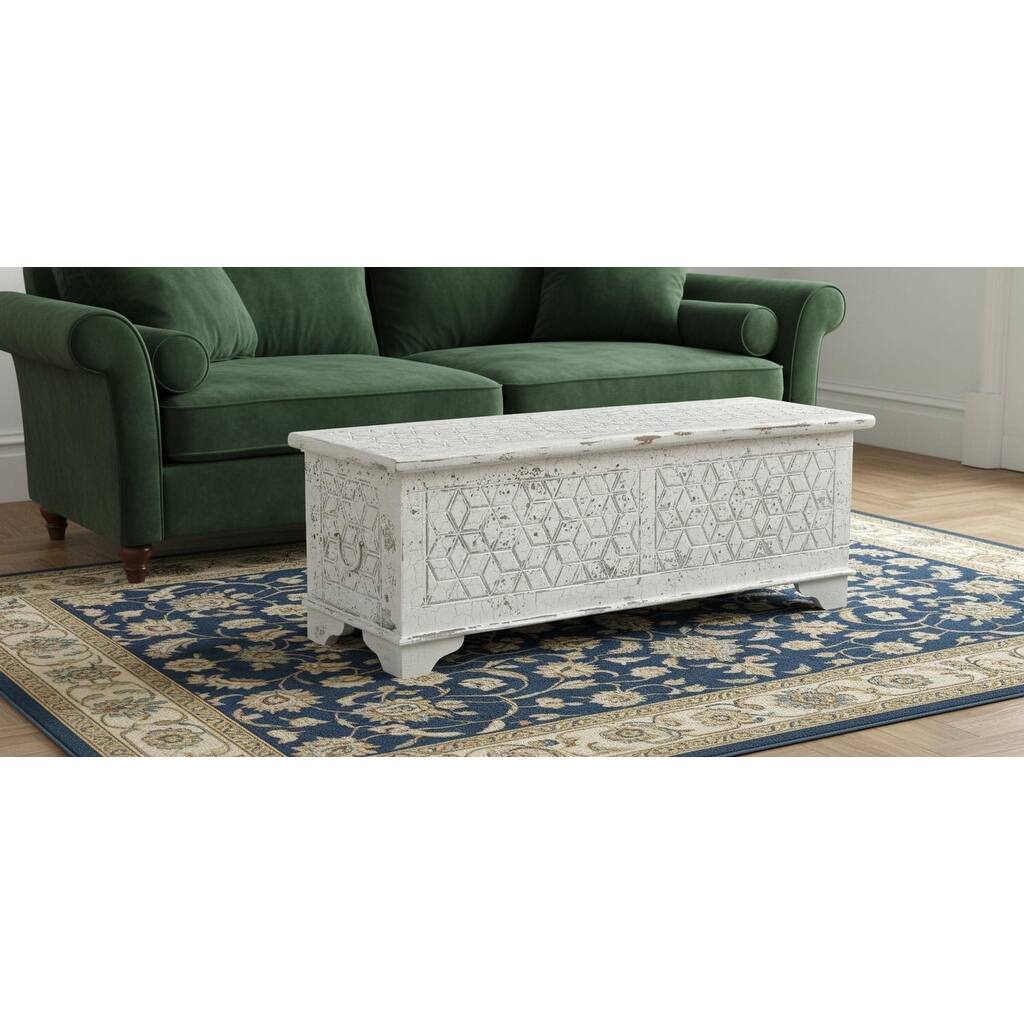 HomeRoots 52" White Rustic Solid Wood Geometric Storage Ottoman