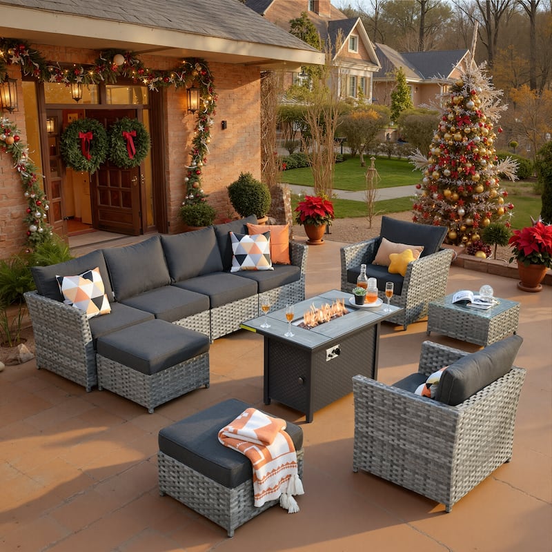 XIZZI 10-piece Patio Furniture Outdoor Sectional Sofa Set with Fire Pit - Black