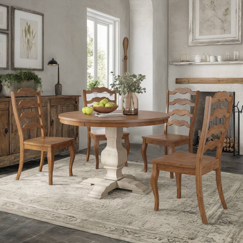 Ronda 45" Round Solid Wood Top Dining Set with French Ladder Back Chairs - Antique White Table - Oak Chairs