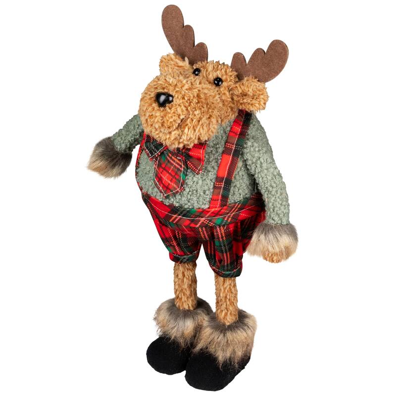 Standing Moose in Plaid Overall Shorts Christmas Figure - 12.5" - Brown and Red