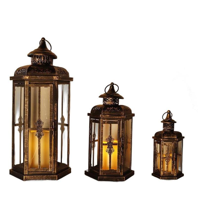 Set of Three Black And Gold Distressed Filigree Metal Tabletop Lantern Candle Holders