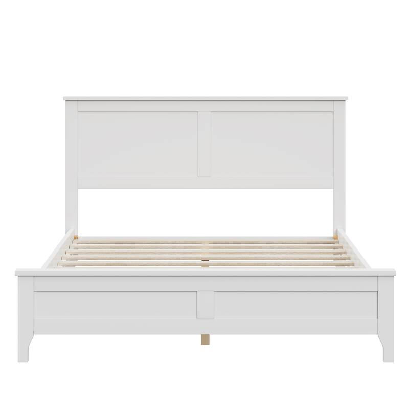 Modern White Solid Wood Full Platform Bed with Headboard and Slat Design