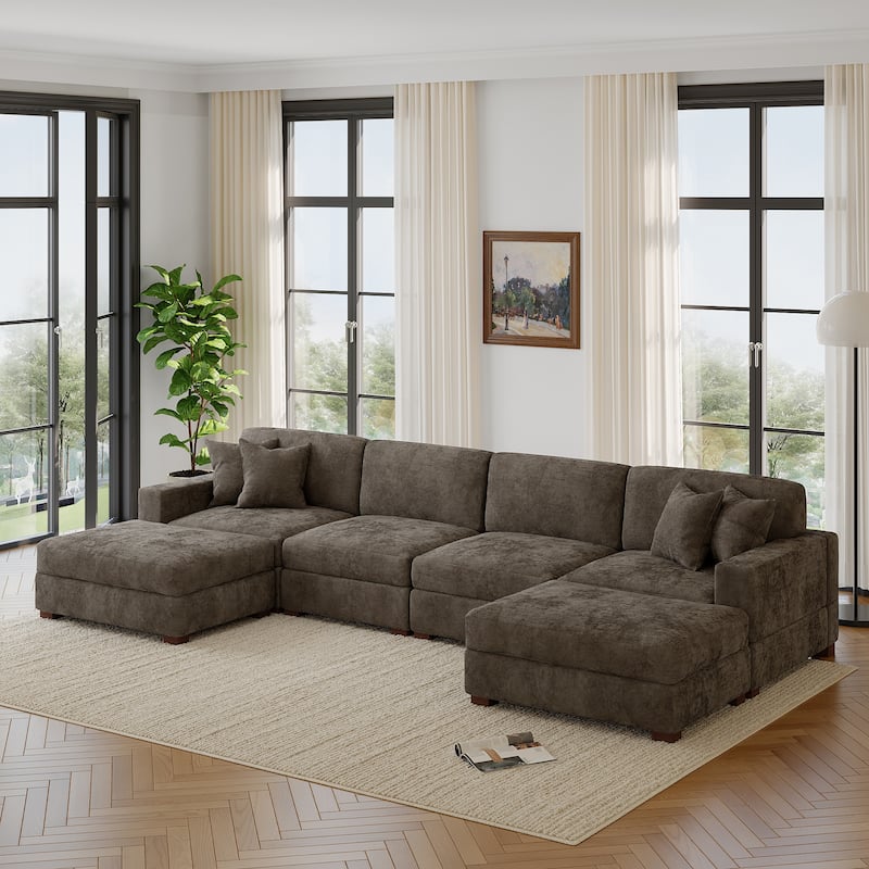 Modern Chenille Oversized Modular Sectional Sofa with 2 Ottoman - Camel-6 Piece