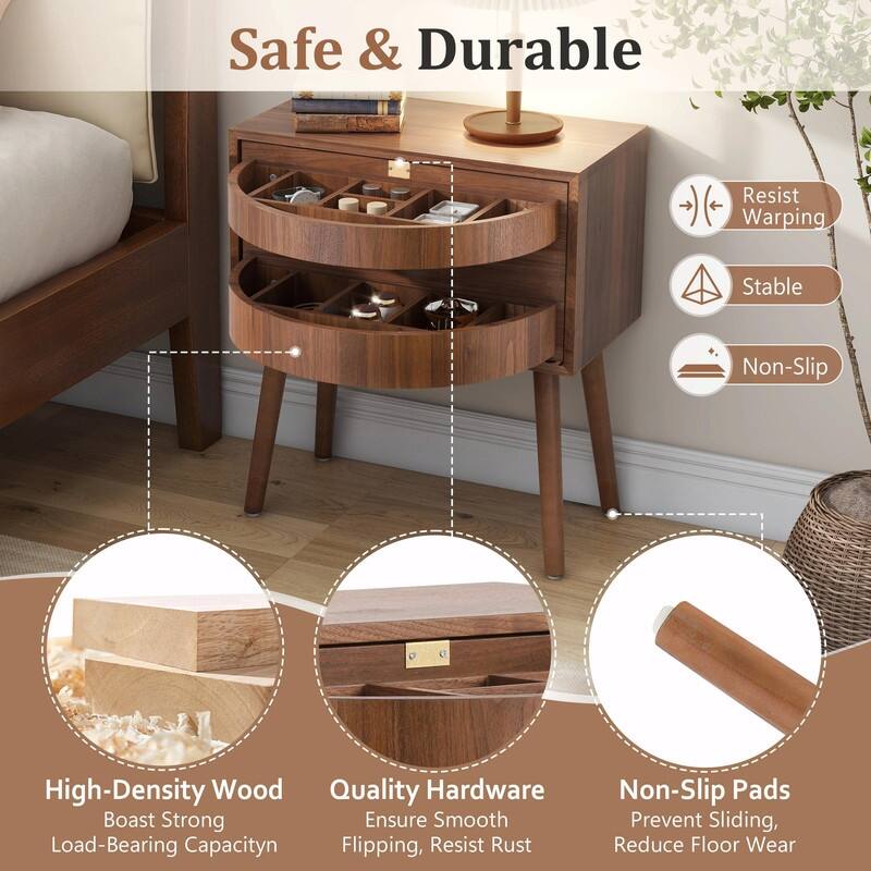 Mid-Century Modern Rattan Nightstand with Rotating Hidden Compartment and Wood Legs