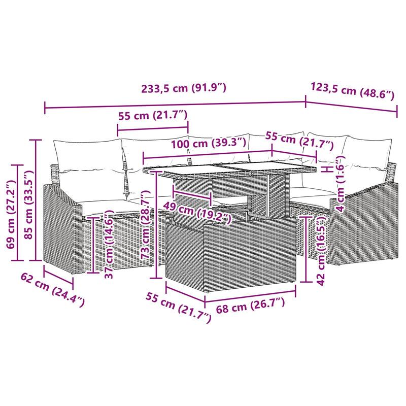 vidaXL 6 Piece Garden Sofa Set with Cushions - 91.9×48.6×27.2