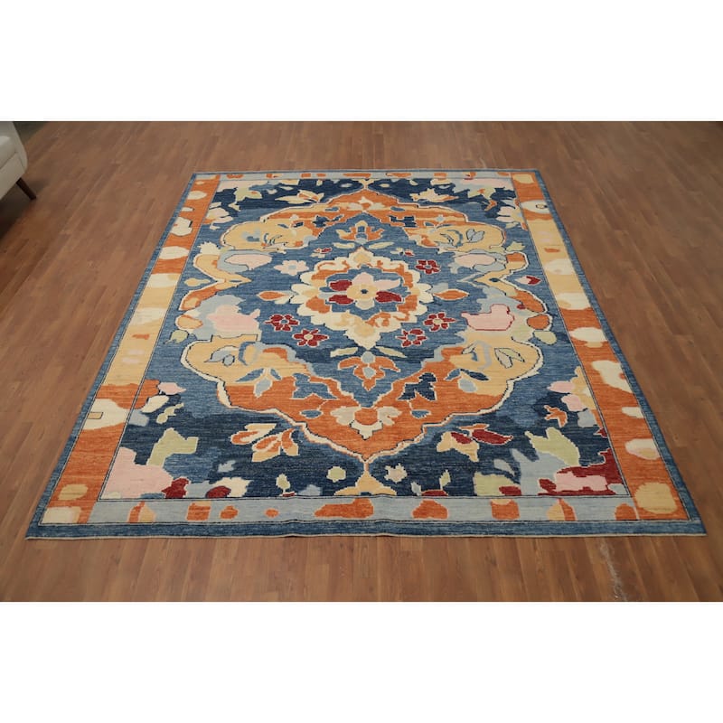 Hand Knotted Oriental 100% Wool Carpet Transitional Floral Navy Blue & Blues Oushak Area Rug - 9' 6'' X 8' 3''