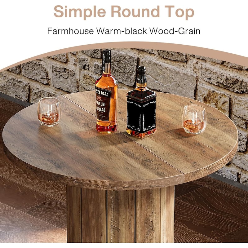 Round Bar Table, Wood Bistro Pub Table with Metal Ring Footrest