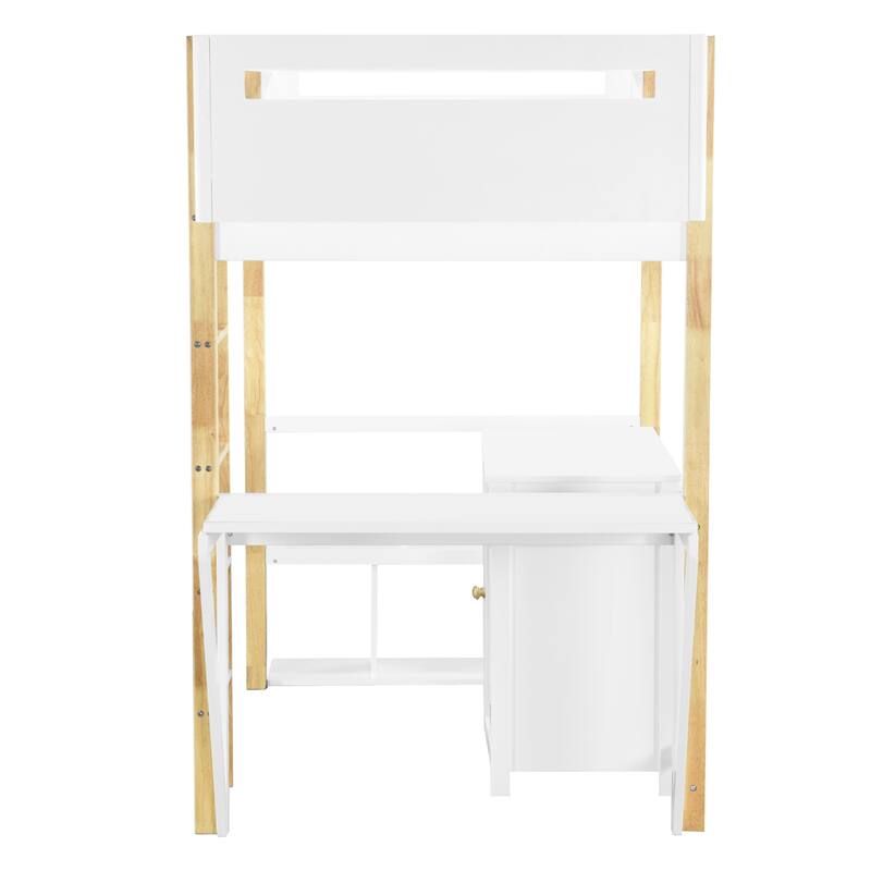Space-Saving Twin Size Wooden Loft Platform Bed Frame with Storage Cabinet and Foldable Desk, Modern and Stylish for Bedroom