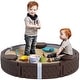preview thumbnail 1 of 7, Qaba Kids Sandbox with Cover, Round 47" HDPE Large Sand Pit with 3 Seats, Waterproof Bottom Liner, Brown Brown