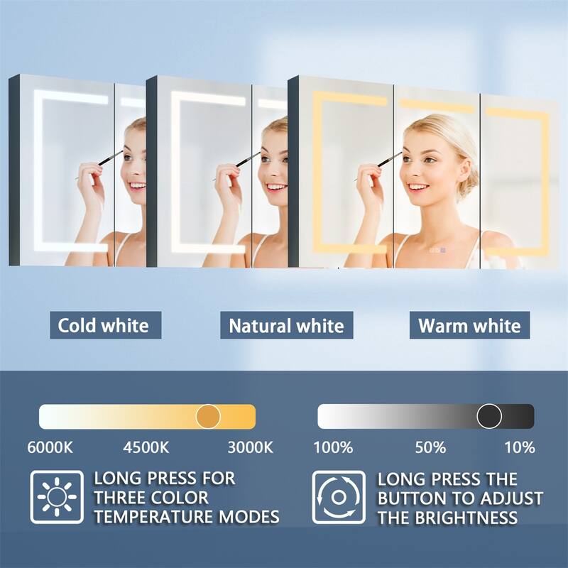 ExBrite LED Lighted Bathroom Medicine Cabinet with Mirror,Recessed or Surface Mount, Defog
