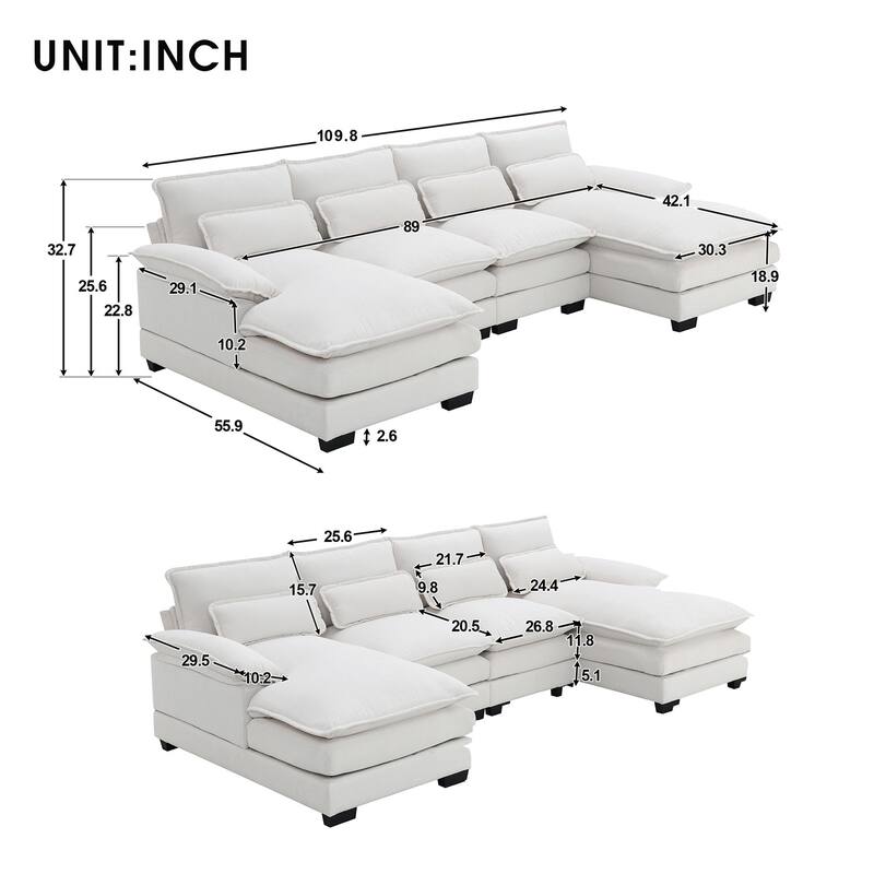 Modern U-Shaped Upholstered Sectional Sofa, Sleeper Couch with Waist Pillows