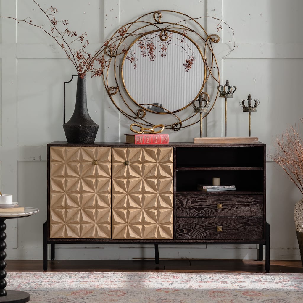 Roomfitters Modern Solid Wood Sideboard Cabinet, Geometric Pattern Storage Console with 2 Doors and Open Shelves, Natural